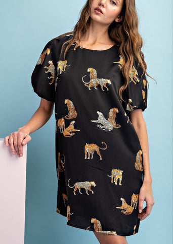 Wild Side Leopard Print Puff Sleeve Dress