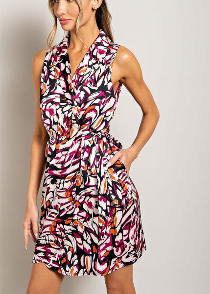 Abstract Print Sleeveless Wrap Dress