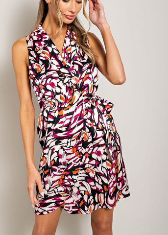 Abstract Print Sleeveless Wrap Dress