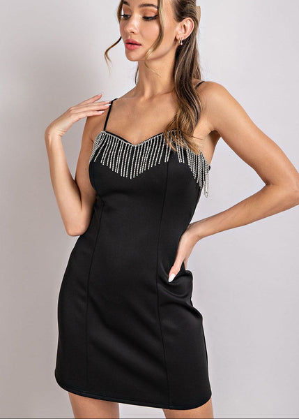 Sleek Black Spaghetti Strap Body Con Dress with Rhinestone Fringe