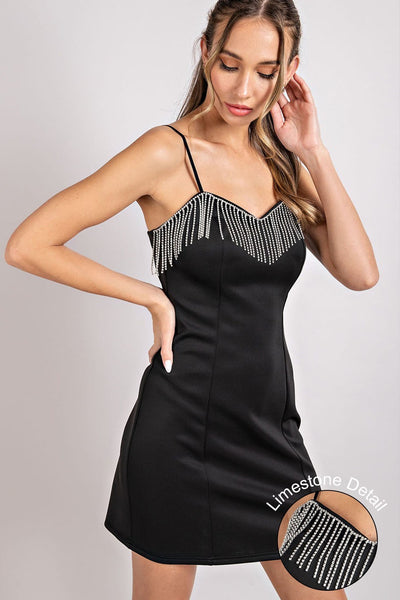 Sleek Black Spaghetti Strap Body Con Dress with Rhinestone Fringe