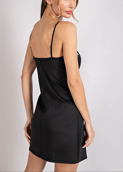Sleek Black Spaghetti Strap Body Con Dress with Rhinestone Fringe