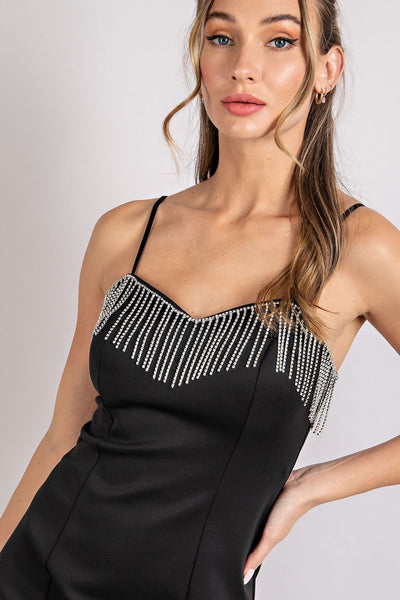 Sleek Black Spaghetti Strap Body Con Dress with Rhinestone Fringe