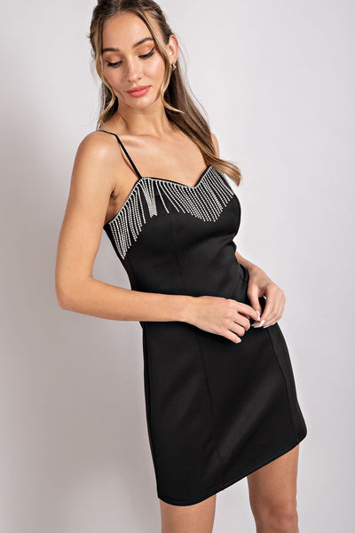 Sleek Black Spaghetti Strap Body Con Dress with Rhinestone Fringe