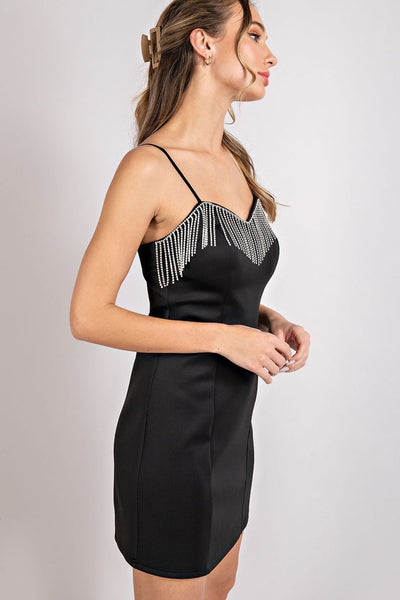 Sleek Black Spaghetti Strap Body Con Dress with Rhinestone Fringe