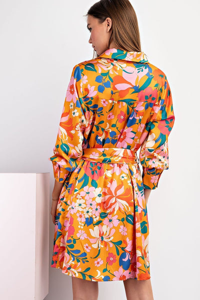 Silky Floral Print Belted Dress