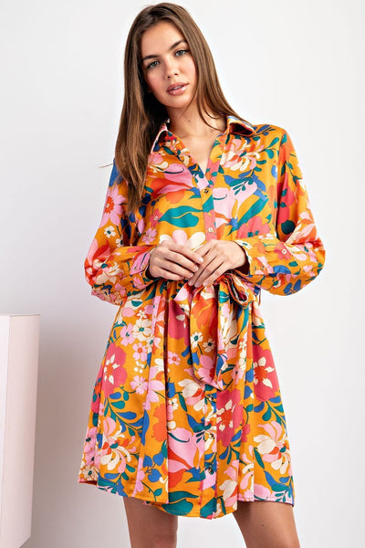 Silky Floral Print Belted Dress