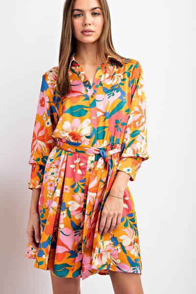 Silky Floral Print Belted Dress