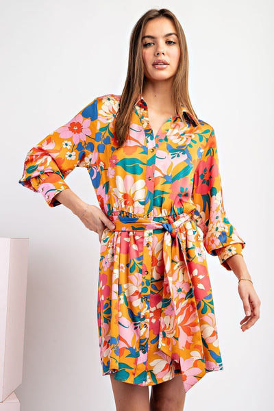 Silky Floral Print Belted Dress
