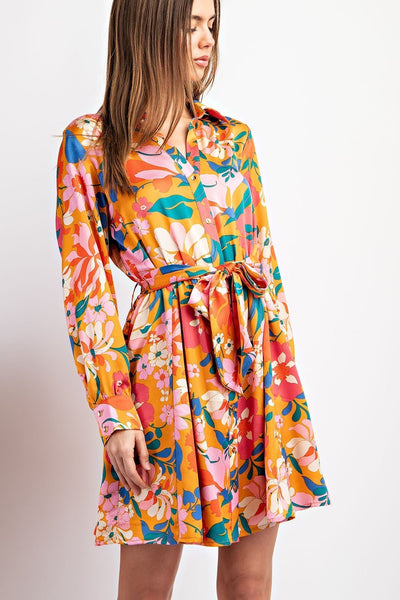Silky Floral Print Belted Dress