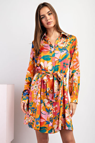 Silky Floral Print Belted Dress