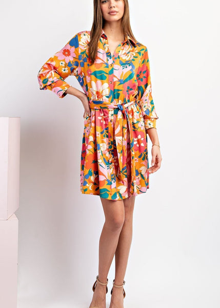 Silky Floral Print Belted Dress