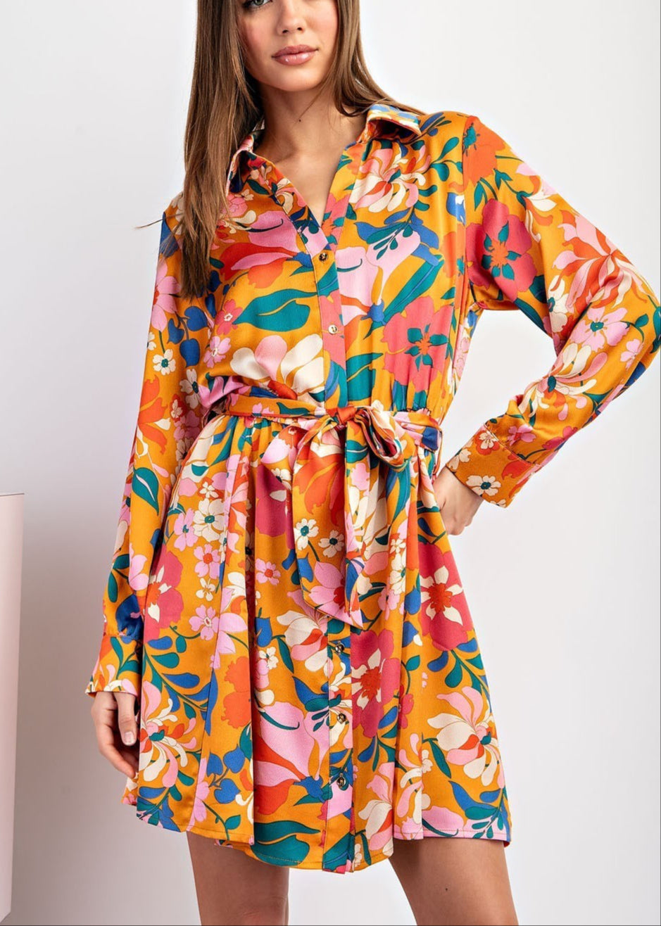 Silky Floral Print Belted Dress