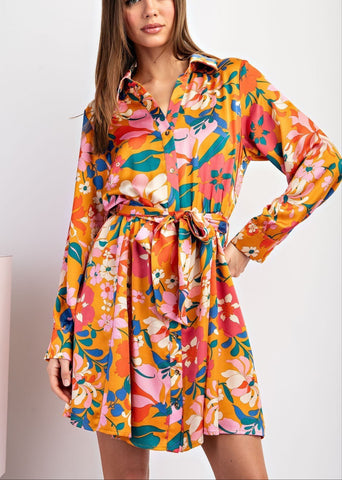 Silky Floral Print Belted Dress