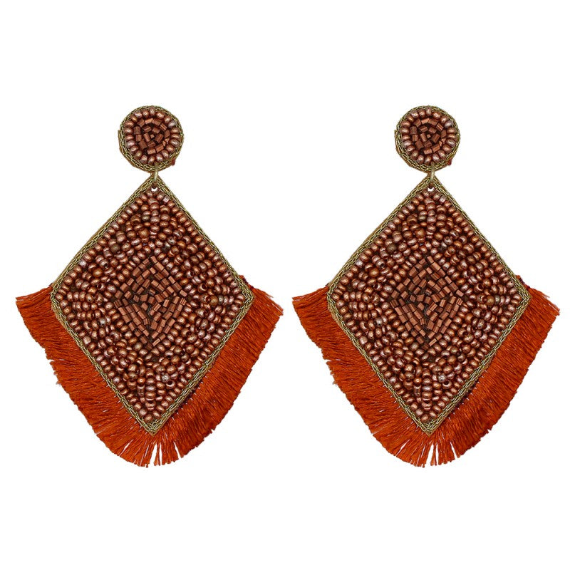 Burnt Orange Beaded Tassel Earrings
