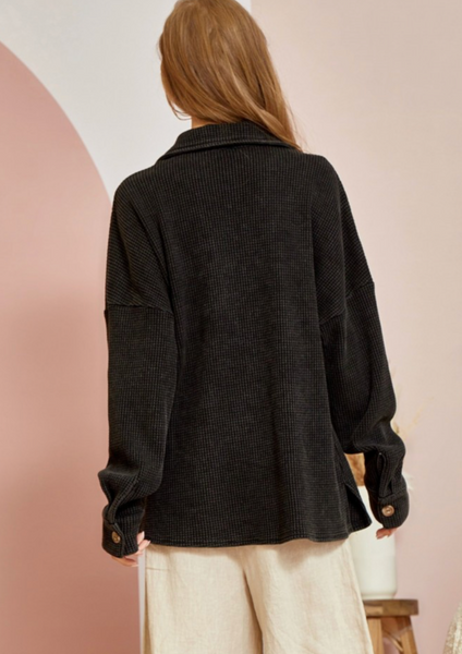 Black Waffle Knit Button Down Shirt Jacket