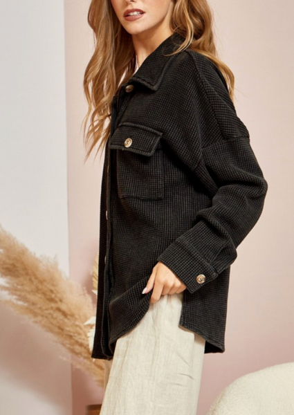 Black Waffle Knit Button Down Shirt Jacket
