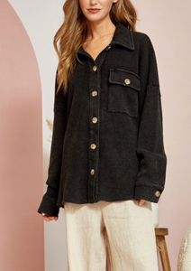 Black Waffle Knit Button Down Shirt Jacket