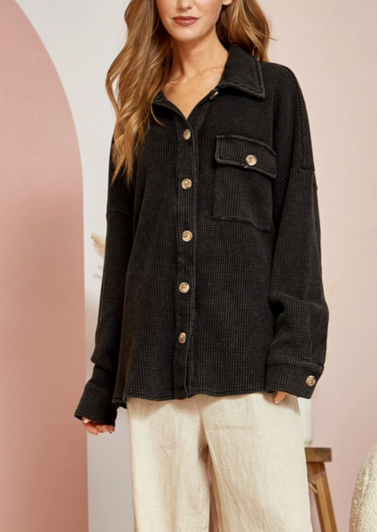 Black Waffle Knit Button Down Shirt Jacket