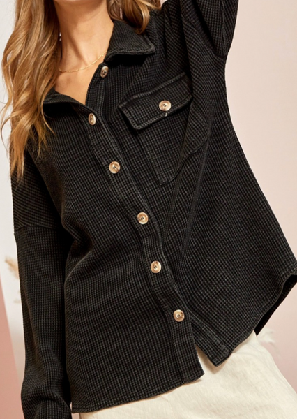 Black Waffle Knit Button Down Shirt Jacket