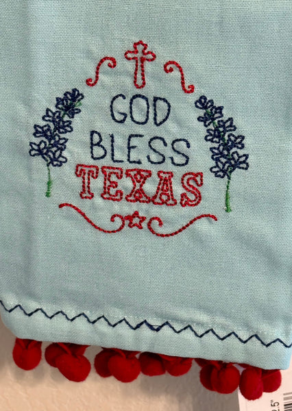 God Bless Texas Pom Pom Embroidered Kitchen Towel