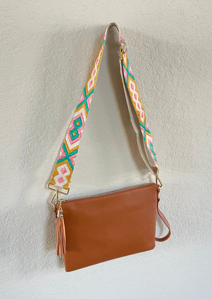 Camel Crossbody Bag with Colorful Strap