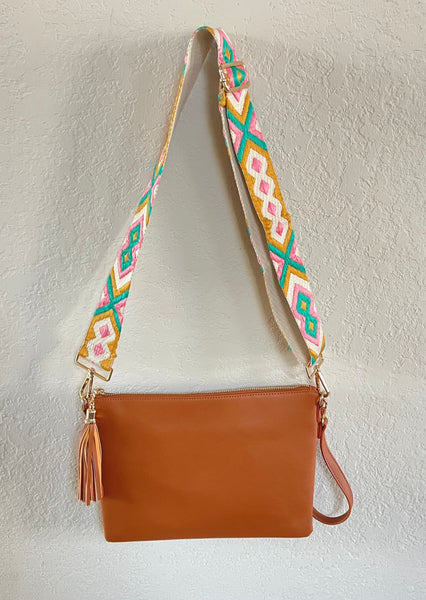Camel Crossbody Bag with Colorful Strap