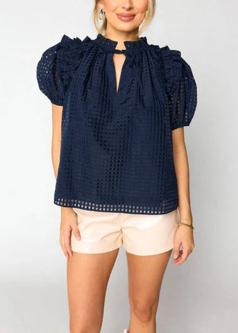 Navy Puff Sleeve Textured Top