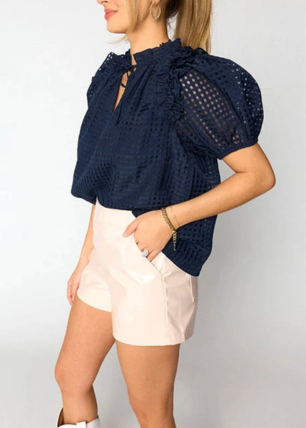 Navy Puff Sleeve Textured Top