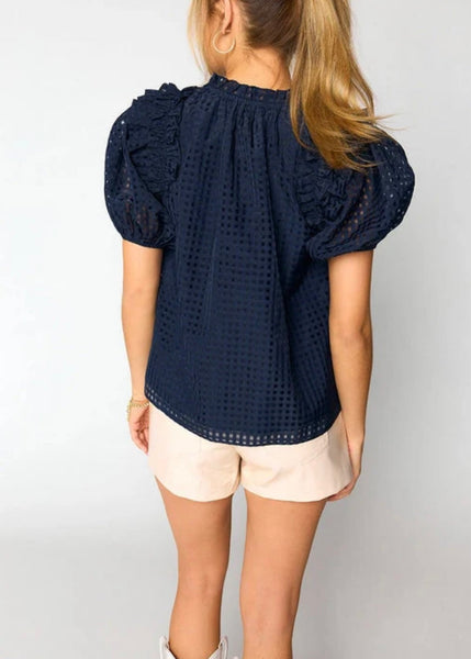 Navy Puff Sleeve Textured Top