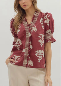 Garnet Floral Smocked Sleeve Top