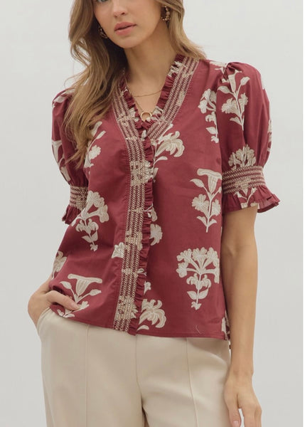Garnet Floral Smocked Sleeve Top