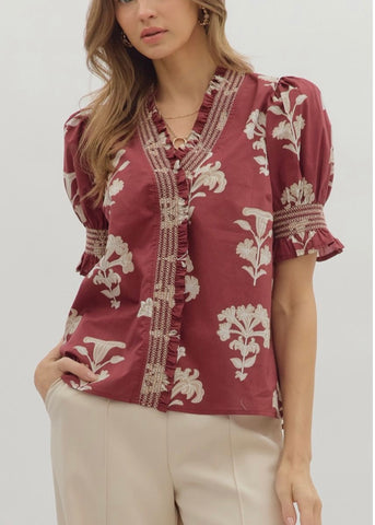 Garnet Floral Smocked Sleeve Top