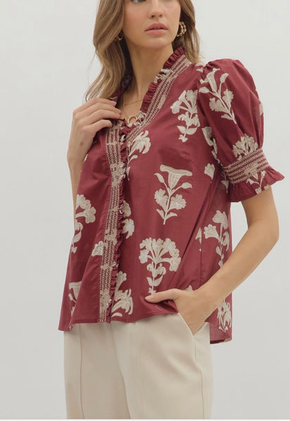 Garnet Floral Smocked Sleeve Top