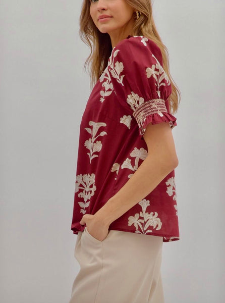 Garnet Floral Smocked Sleeve Top