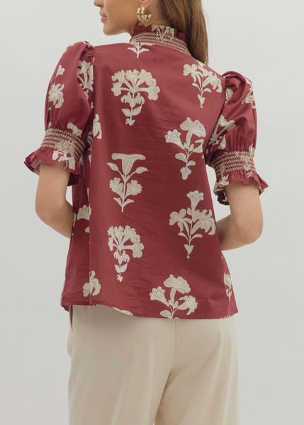 Garnet Floral Smocked Sleeve Top