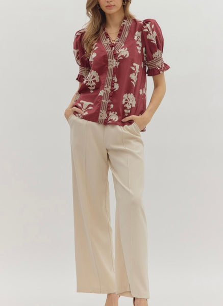 Garnet Floral Smocked Sleeve Top