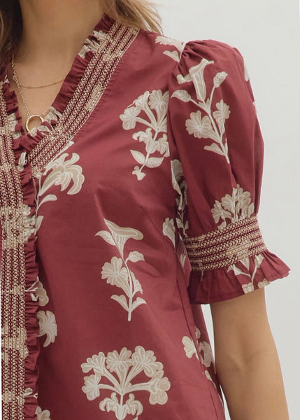 Garnet Floral Smocked Sleeve Top