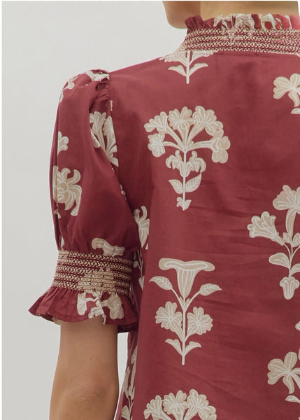 Garnet Floral Smocked Sleeve Top