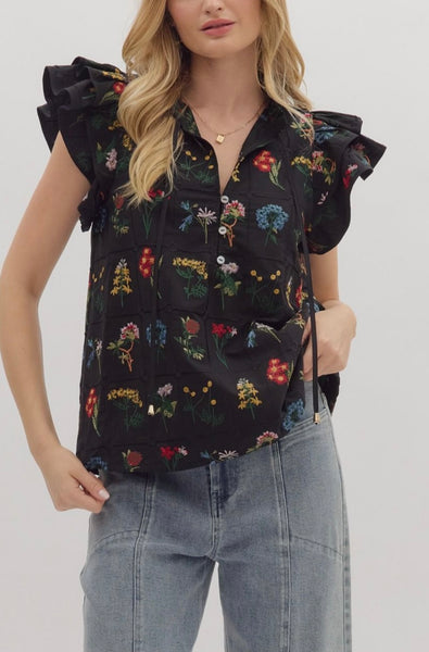 Floral Embroidered Flutter Sleeve Top