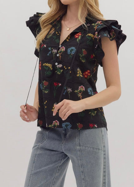 Floral Embroidered Flutter Sleeve Top