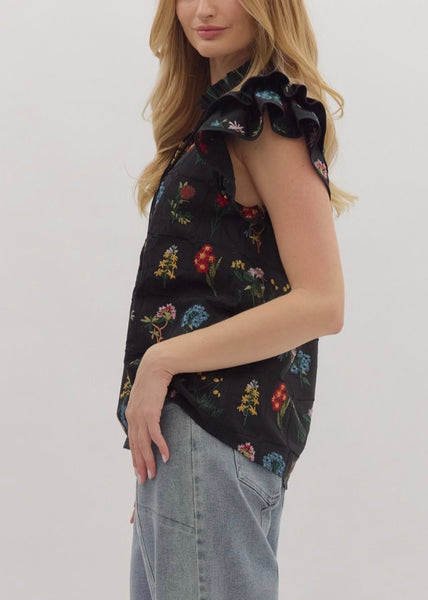 Floral Embroidered Flutter Sleeve Top