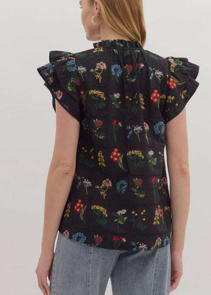 Floral Embroidered Flutter Sleeve Top