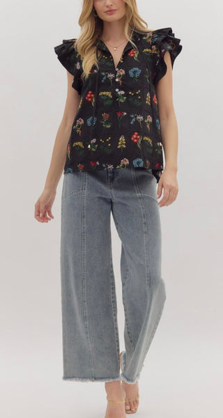 Floral Embroidered Flutter Sleeve Top
