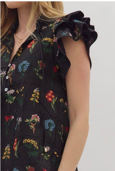 Floral Embroidered Flutter Sleeve Top