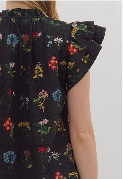 Floral Embroidered Flutter Sleeve Top