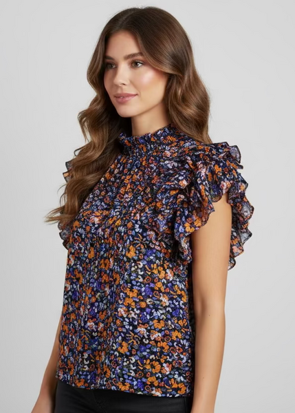 Floral Ruffle Sleeve High Neck Blouse