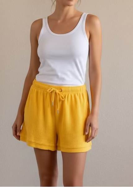 Bright and Sunny Yellow Cotton Gauze Drawstring Shorts