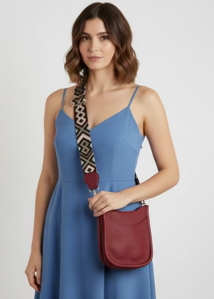 Red Vegan Leather Crossbody Bag with Colorful Strap