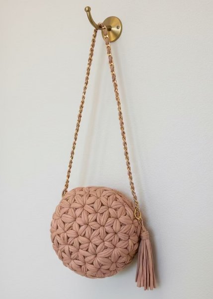 Tan Round Woven Crossbody Bag with Chain Strap